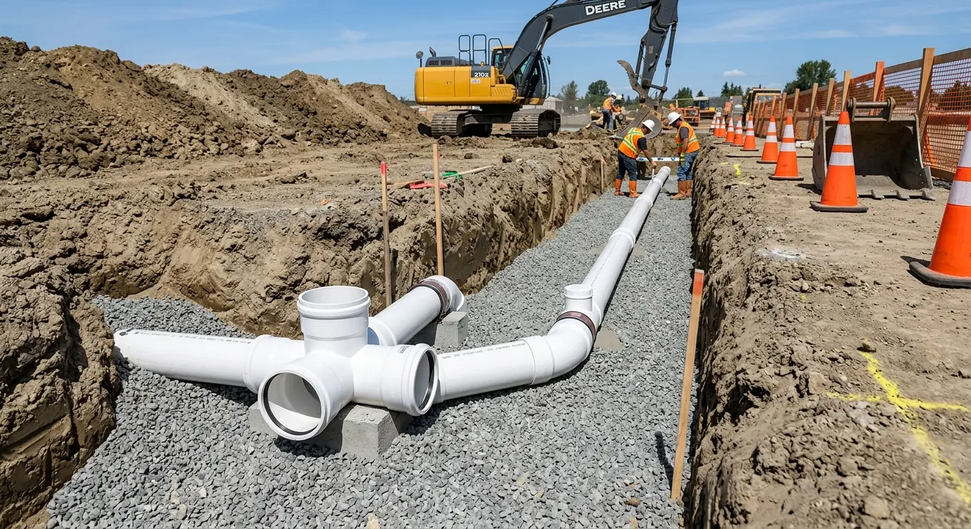 New PVC sewer pipe installation in open trench for Grease Trap Cleaning in Galax