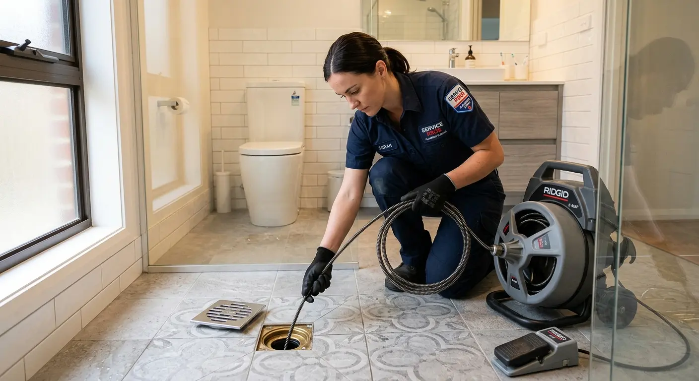 Technician clearing a bathroom floor drain for Drain Cleaning in Galax